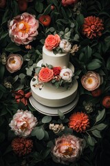 Multi-layered wedding cake with intricate floral piping and colorful flowers, elegant dessert, celebration cake