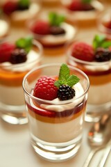 Series of glass cups filled with panna cotta, fruit jelly, and whipped cream, arranged in a knolling pattern