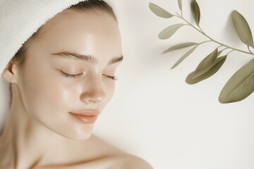 Close-up portrait of young woman with towel and green leaves, indoor setting, serene expression