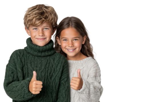 Happy brother and sister in cozy sweaters giving thumbs up and smiling. Family, love, and childhood bond concept