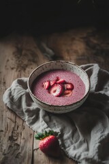 Pink chia pudding with fresh strawberries in decorative bowl on wooden table