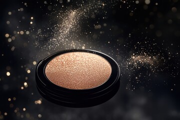 Cosmetic highlighter powder in round container with glitter sparkle against dark background