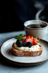 Delicious toast topped with berries, cream, and mint, accompanied by steaming coffee in a cup