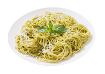 plate of pasta with pesto sauce isolated on transparent background