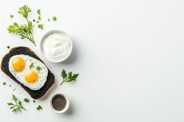 Swedish breakfast featuring fried eggs on dark bread with herbs and yogurt