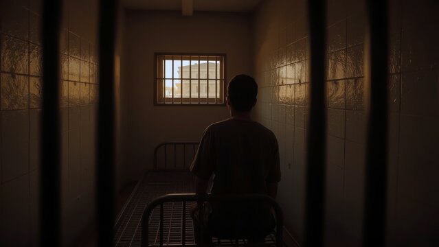 Prison Population. Silhouette man sitting on chair dark room barred wi