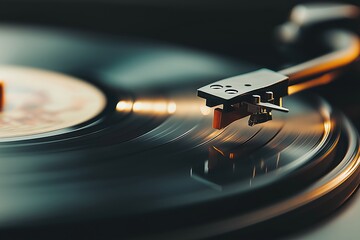 Vinyl record player and spinning record, turntable with needle