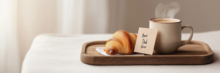 Coffee cup, croissant on wooden tray, greeting card saying Best Dad Ever, home setting