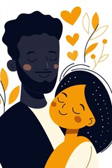 Happy couple embracing, smiling together with floral elements