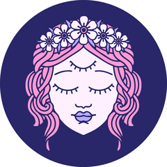 iconic tattoo style image of female face with third eye in bright neon color