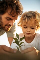 Father and son planting young plant outdoors, close-up view, nurturing growth together