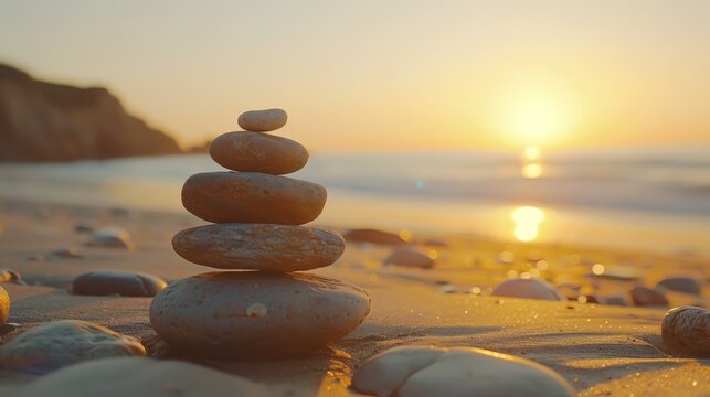 A balanced stack of smooth stones stands on wet sand at the beach during sunset, with the ocean and gentle waves in the background, evoking calm and harmony