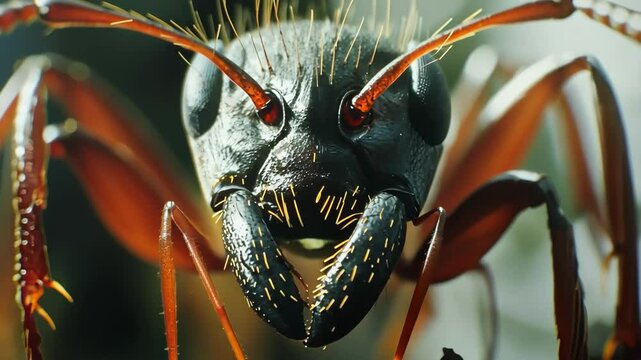 Detailed macro view of a black and red Ant, insect close-up shows anatomy.