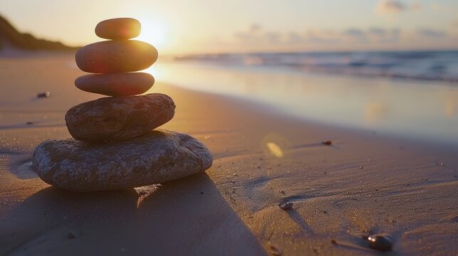A balanced stack of smooth stones stands on wet sand at the beach during sunset, with the ocean and gentle waves in the background, evoking calm and harmony
