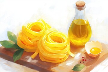 Raw fettuccine pasta nest with olive oil and egg, close up on wooden board