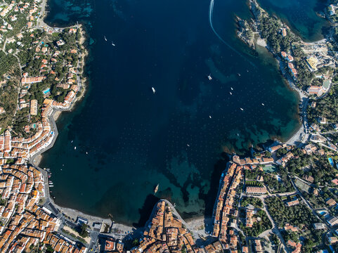 Aerial views of coastal town in Spain. Cadaques, Spain