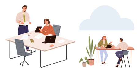 Fototapeta premium Professionals working together on projects in modern office and outdoor cafes. Includes laptops, paperwork, and brainstorming. Ideal for collaboration, teamwork, productivity, office culture
