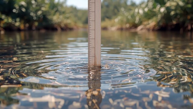 Water Level. Water level measuring stick in lake water reflecting natu
