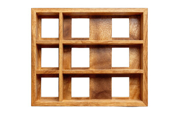 A rectangular wooden box with nine equally sized compartments, each appearing empty, shows rich wood grain and subtle color variations