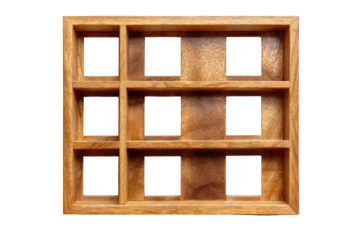 A rectangular wooden box with nine equally sized compartments, each appearing empty, shows rich wood grain and subtle color variations