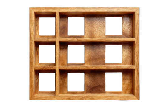 A rectangular wooden box with nine equally sized compartments, each appearing empty, shows rich wood grain and subtle color variations