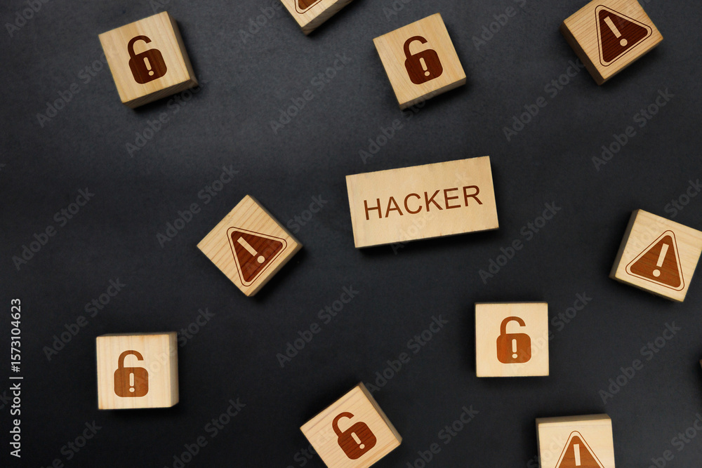 Poster hacker and security breach wooden blocks