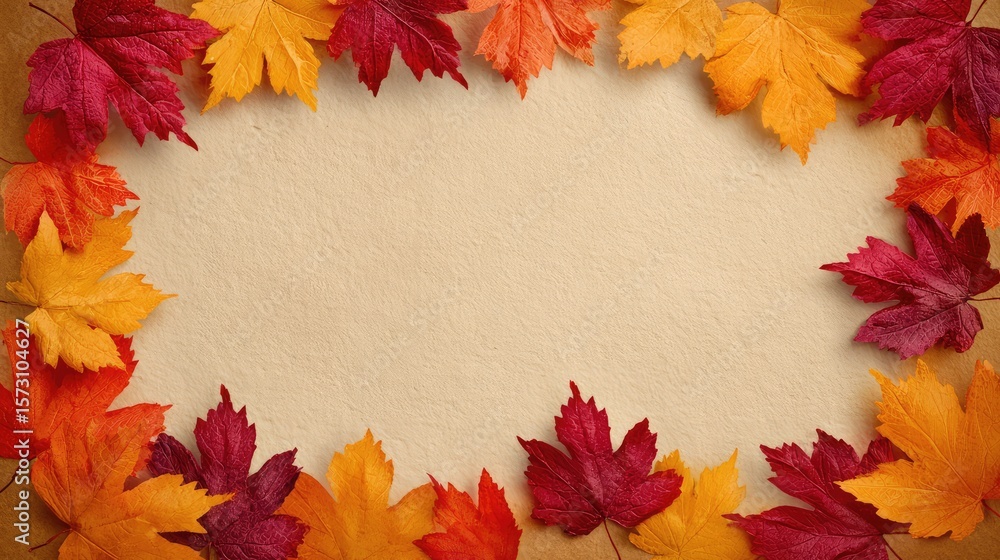 Poster autumn maple leaves arranged around edges of a rustic background with open center