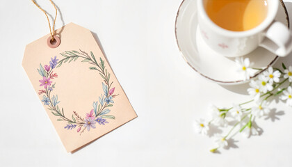 Floral wreath tag beside a cup of tea on white background  
