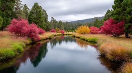 Autumn scene of quiet pond surrounded by colorful trees and open reflection