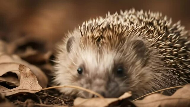 Close-up of a hedgehog amidst autumn leaves.