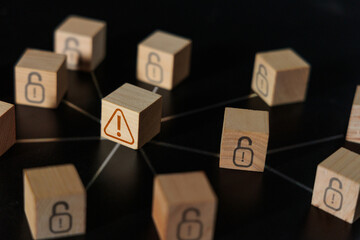 Cybersecurity Warning and Unlock Network Wooden Blocks