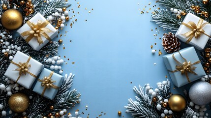 Beautifully wrapped gift boxes with gold ribbons surrounded by frosted branches and ornaments