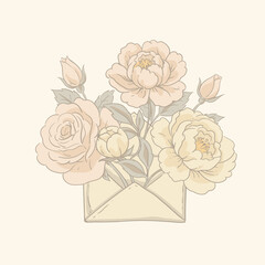 Vector vintage floral envepole rustic greeting card, cottagecore neutral colors roses flowers