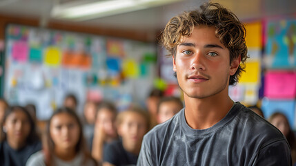 Fototapeta premium Youthful student in focus in busy classroom setting