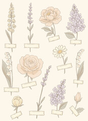 Vector vintage floral herbarium greeting card, cottagecore neutral colors l