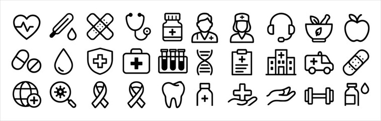 30 minimalist black and white healthcare icons. Perfect for medical designs, health apps, infographics, and professional presentations. Modern and clean format.