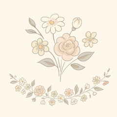 Vector vintage floral rustic greeting card, cottagecore neutral colors
