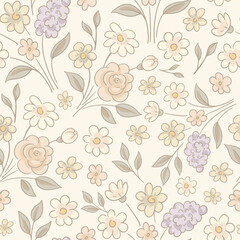 Vector vintage floral seamless pattern, cottagecore neutral colors textures
