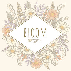 Vector vintage floral rustic greeting card, cottagecore neutral colors