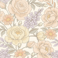 Vector vintage floral seamless pattern, cottagecore neutral colors textures