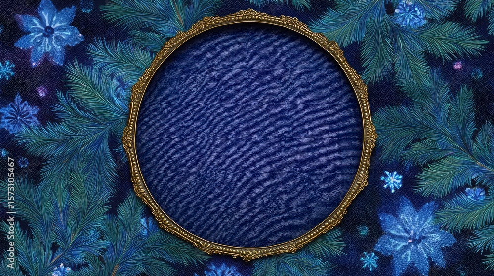 Poster fir tree frame around snowflake-patterned fabric with space in center