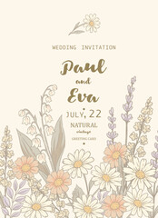 Vector vintage floral rustic greeting card, cottagecore neutral colors