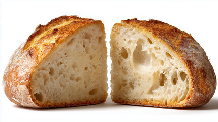 Close-up of a freshly baked loaf of bread sliced in half, showing a crispy crust and porous crumb on a white background.