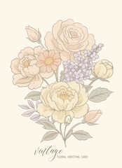 Vector vintage floral rustic greeting card, cottagecore neutral colors