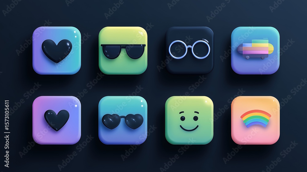 Fototapete set of 3d social media and app icons with various symbols on a dark background.
