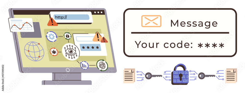 Poster computer screen with security alerts, a globe, authentication elements, and a lock linked to documen