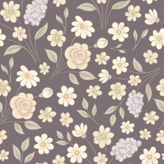 Vector vintage floral seamless pattern, cottagecore neutral colors textures