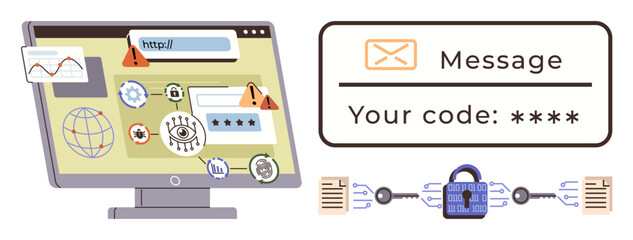 Computer screen with security alerts, a globe, authentication elements, and a lock linked to documents. Ideal for cybersecurity, data protection, encryption, internet safety, user authentication