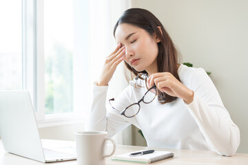 Eye problem concept, fatigue asian young woman tired eyes, irritated rubbing eye dry relief vision...
