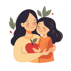 Mother hugging daughter while holding a red apple in a loving pose  